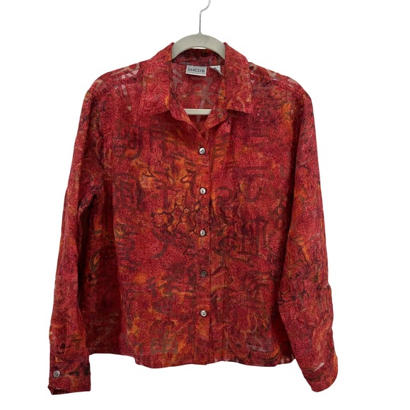 Chicos Red Orange Abstract Print Linen Blend Sheer Button Up Shirt Size 1 US M - Picture 1 of 11